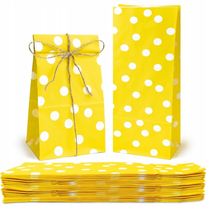Set 25x Torbe de hartie galbene cu buline, 10x26x6,5 cm, pentru cadouri si dulciuri