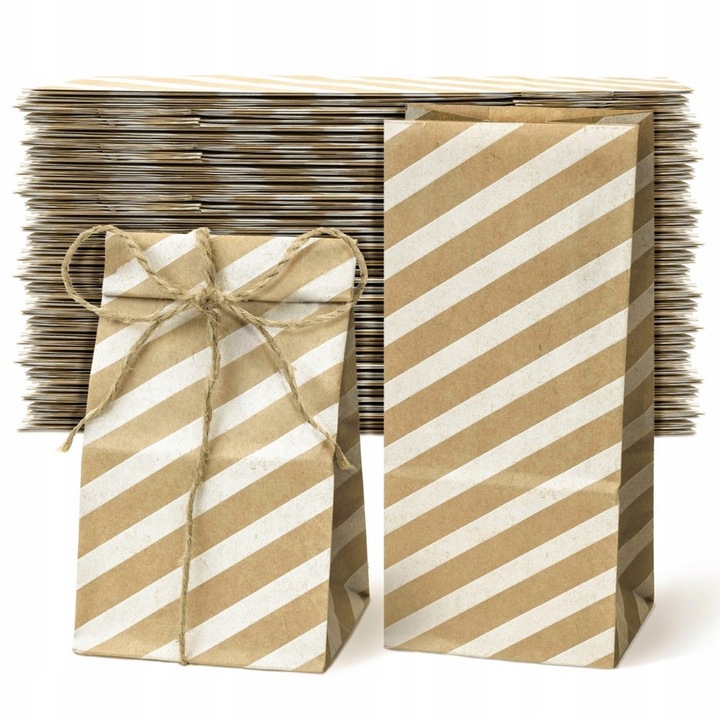 Set 100 Torbe KLOCKOWE PAPIEROWE 8x6,5x19cm, maro cu dungi albe, 70 g/m2