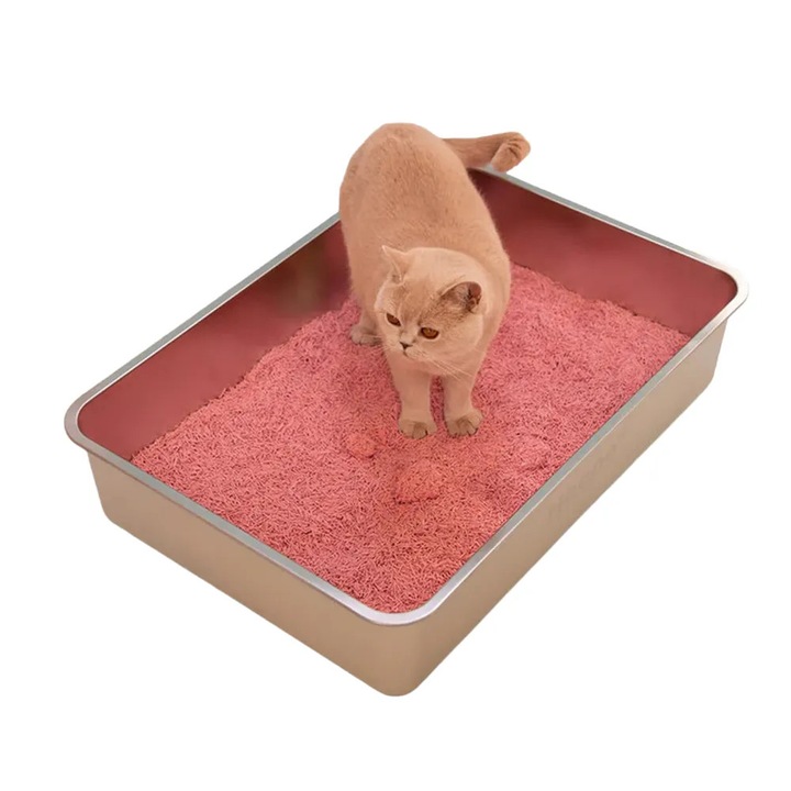 Litiera din otel inoxidabil Hoopo, design XXL, ideala pentru pisicile de talie mare, antiderapanta, material rezistent la mirosuri neplacute, suprafata neteda, durabilitate extinsa, rezistenta crescuta, curatare usoara/rapida, aspect modern, crem/inox