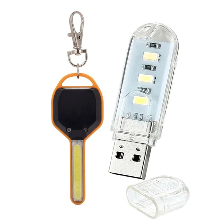Set iluminare portabil, Dactylion, lampă LED USB 3W transparentă + lanternă breloc portocalie