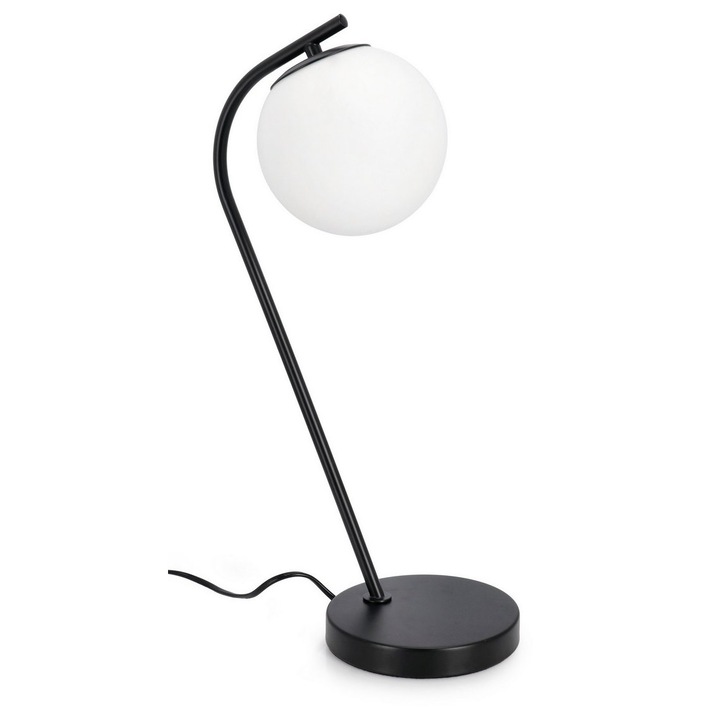 Veioză Bizzotto, metal negru, abajur sticlă albă, 22x16x51 cm