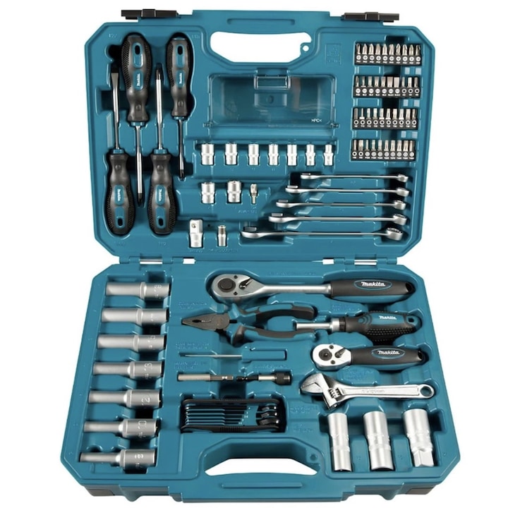 Set 87 scule, Makita, organizat în valiză plastic, 76 piese, din oțel crom-vanadiu, pentru lucrări uzuale