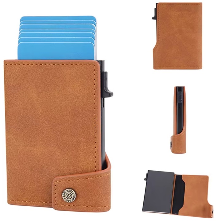 Portofel bărbați, IZMAEL, NO-36219, protecție RFID, design minimalist, maro, 10x2x7cm