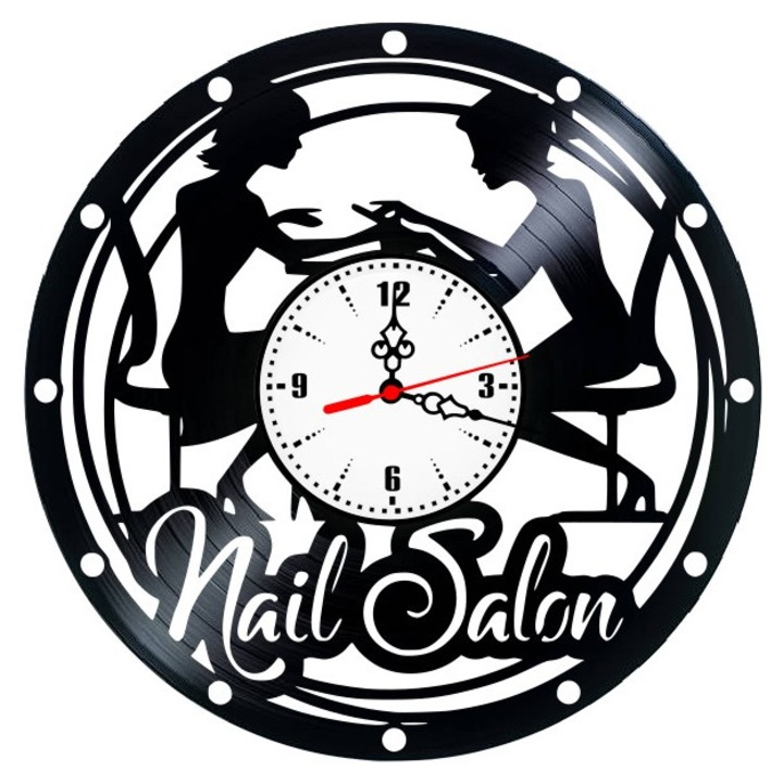 Стенен часовник "Nails Salon", винтидж винил, черен, 30 см