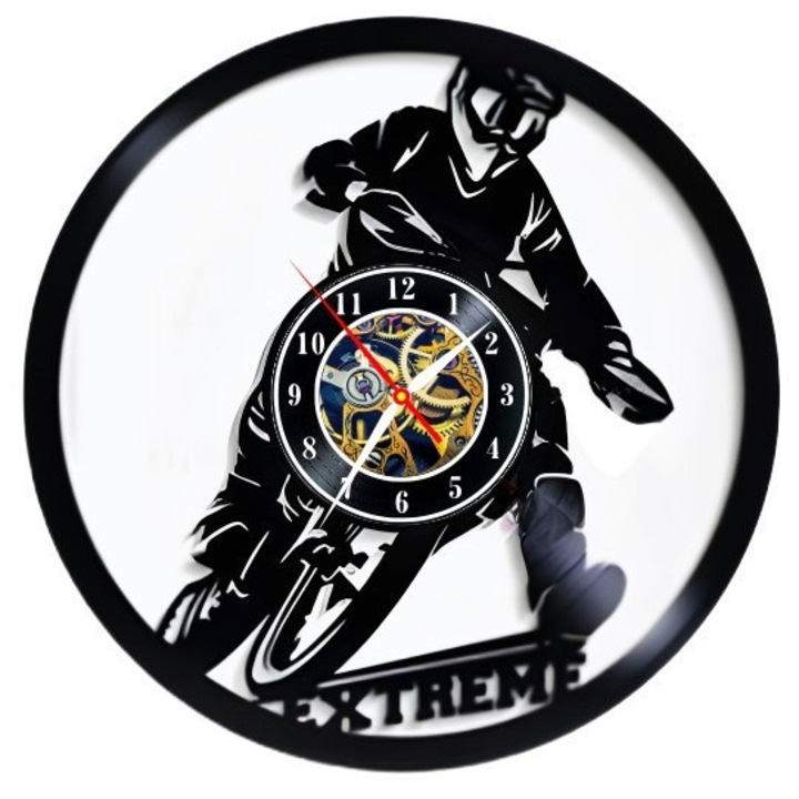 Dekoratív falióra Extreme Motocross, újrahasznosított vinil, fekete, 30 cm, csendes kvarc mechanizmus
