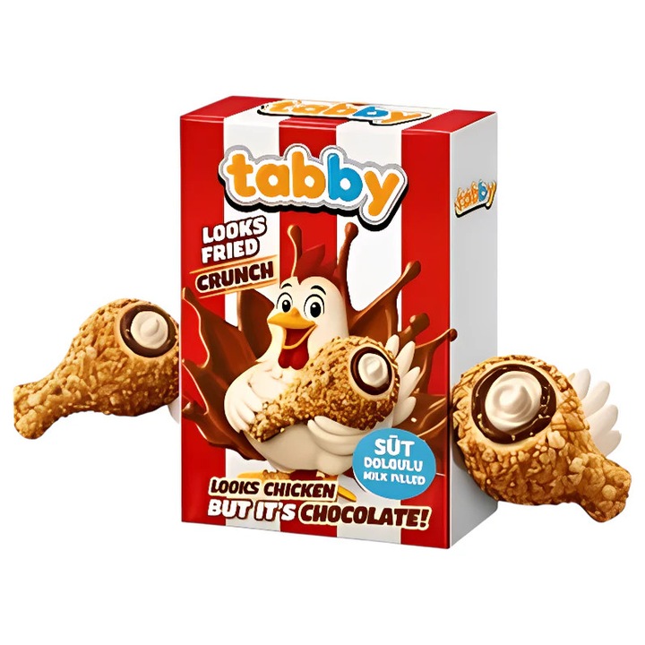 Ciocolată Tabby Crunchy, 50g, aspect de fried chicken, textura crunchy