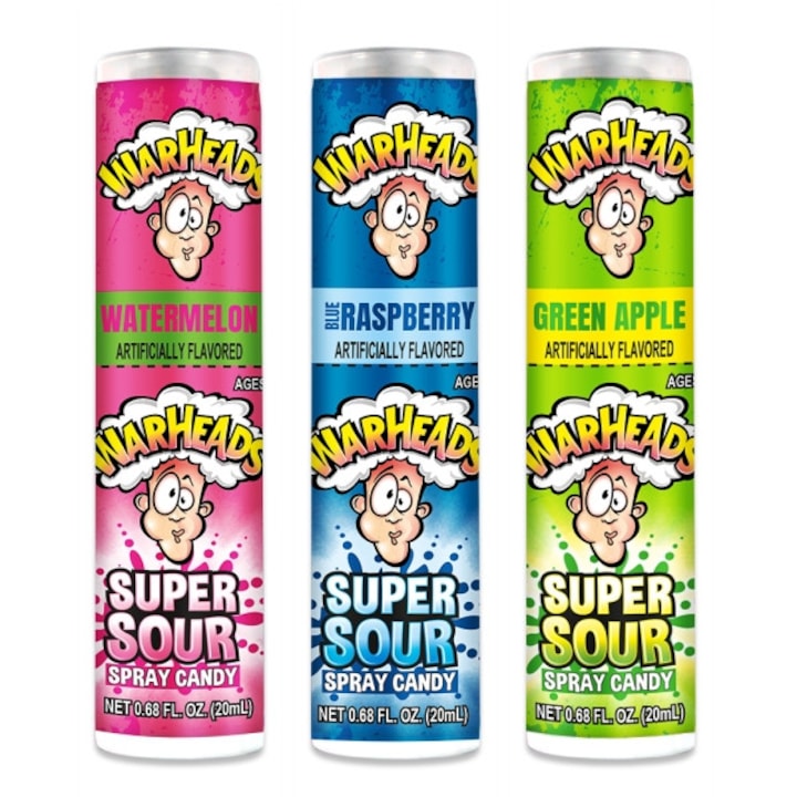 Bomboane Warheads Super Sour Spray Set 3x20ml, aromă zmeură, watermelon, măr, 60g