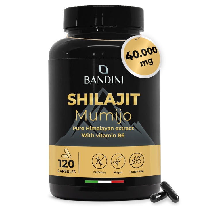 Bandini® Shilajit 40.000 mg 120 capsule de inalta rezistenta, extract 40:1, Shilajit Himalayan original pur si natural, bogat in peste 85 de minerale, cu 80% acid fulvic si vitamina B6, Mumijo Shilajt 100% vegan