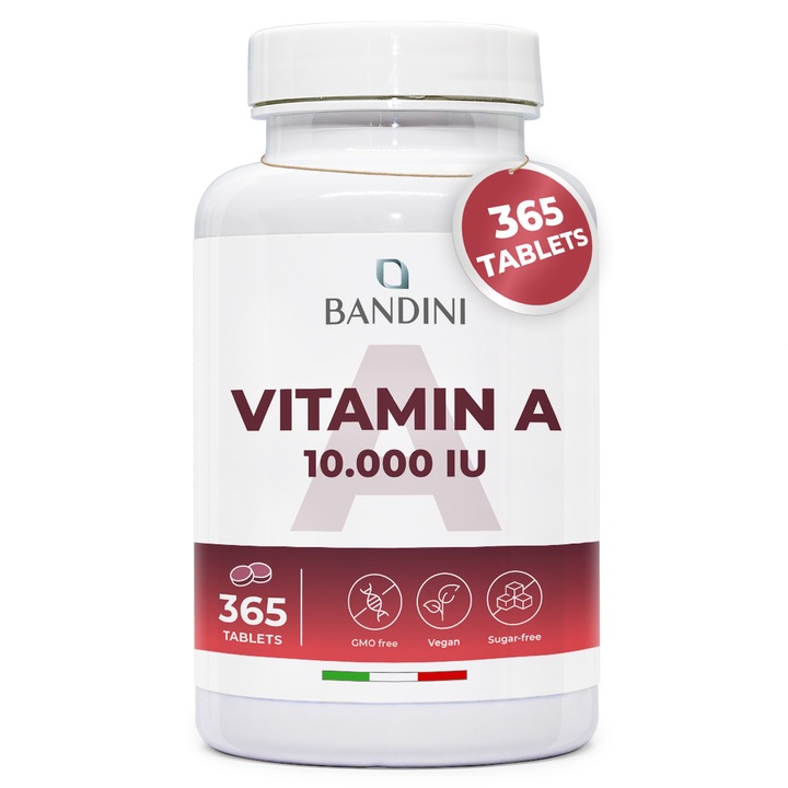Bandini® Vitamina A pura, 365 de microcomprimate vegane (1+ an), ajuta la mentinerea sanatatii pielii si a vederii, acetat de retinil, alternativa la picaturile de vitamina A, non-OMG