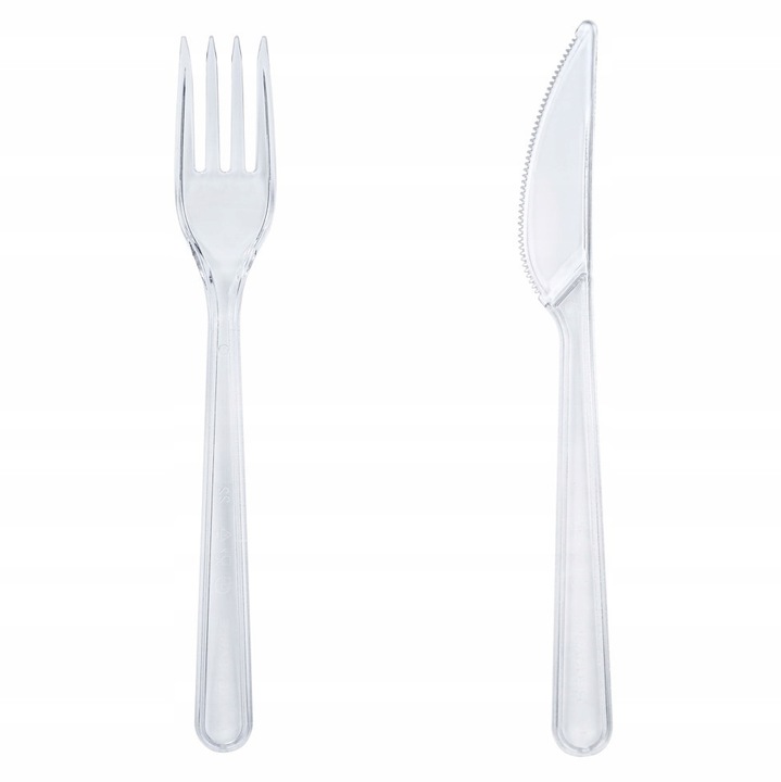 Set de tacamuri reutilizabile din plastic, Allbag, 50 cutite, 50 furculite, transparent, 18 cm