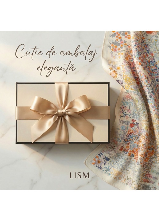 Esarfa Dama din Matase Naturala 100% LISM, 65x65 cm, Model Gradina Florala, Finisaj Satinat, Cutie Cadou Premium Inclusa