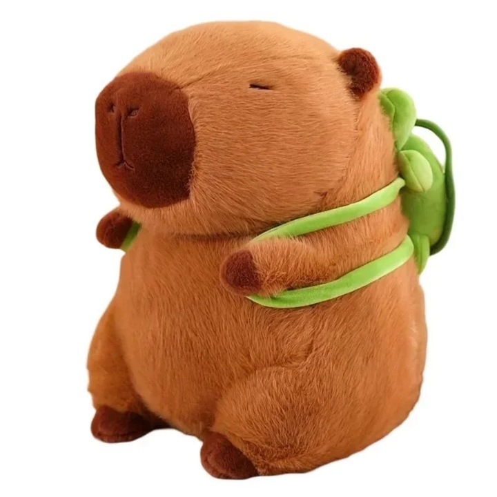 Jucarie de plus capybara simpatica cu rucsacel verde, moale si pufoasa, pentru copii, 45 cm, SARALMA®