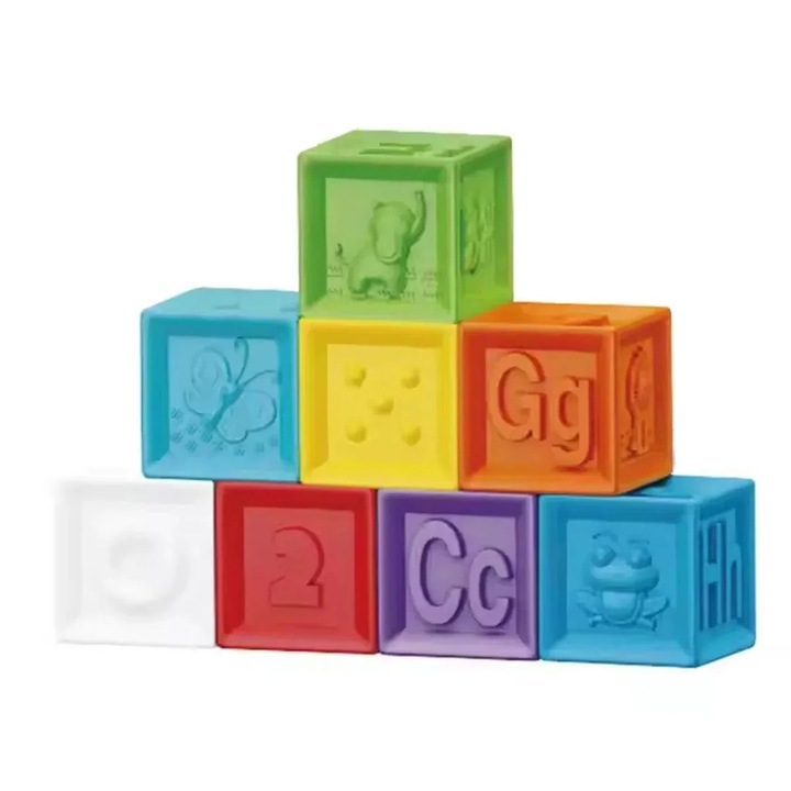 Cuburi de stivuire educative din silicon moale cu texturi, litere, numere si animale diverse, SARALMA®