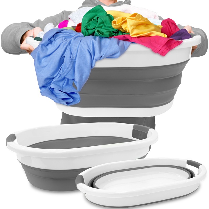 Cos pliabil multifunctional din silicon, 24L, alb/gri, cu manere, inaltime reglabila