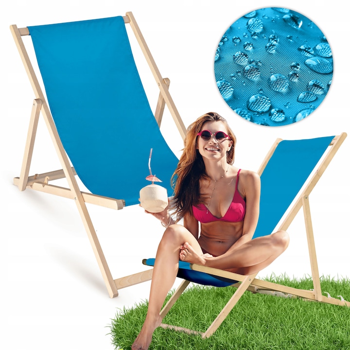 Lezak pliabil din lemn Allbag, 55x120cm, material poliester, albastru, ideal pentru balcon si terasa