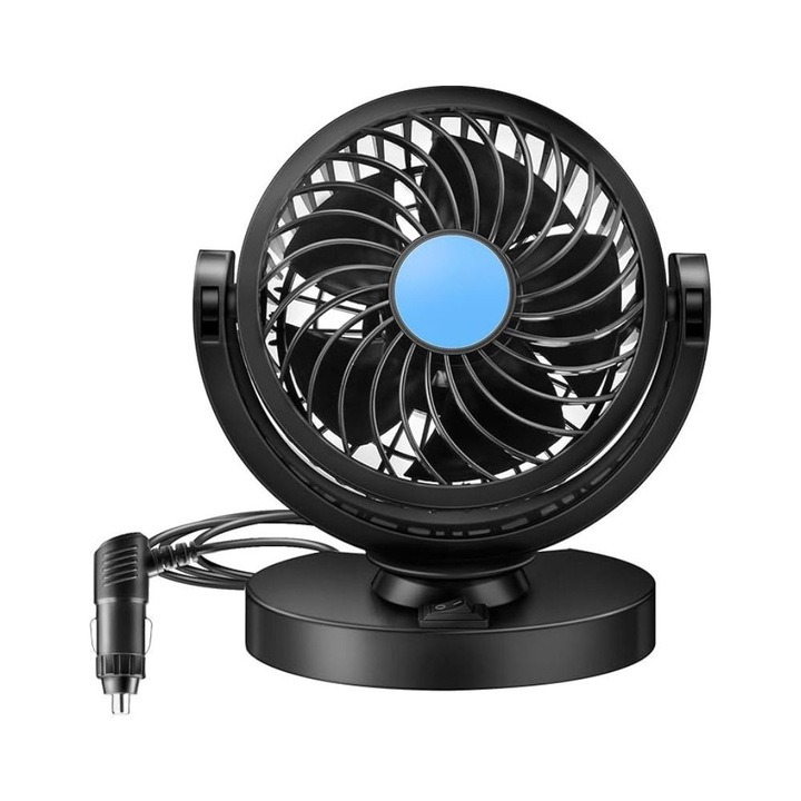 Ventilator Auto Portabil, Aero Vortex, Alimentare la Bricheta, Rotatie 360 Grade, Baza Adeziva pentru Bord, Material Termorezistent, Design Compact si Silentios, Ideal pentru Masina, Camion, Rulota, Birou sau Camping, Albastru