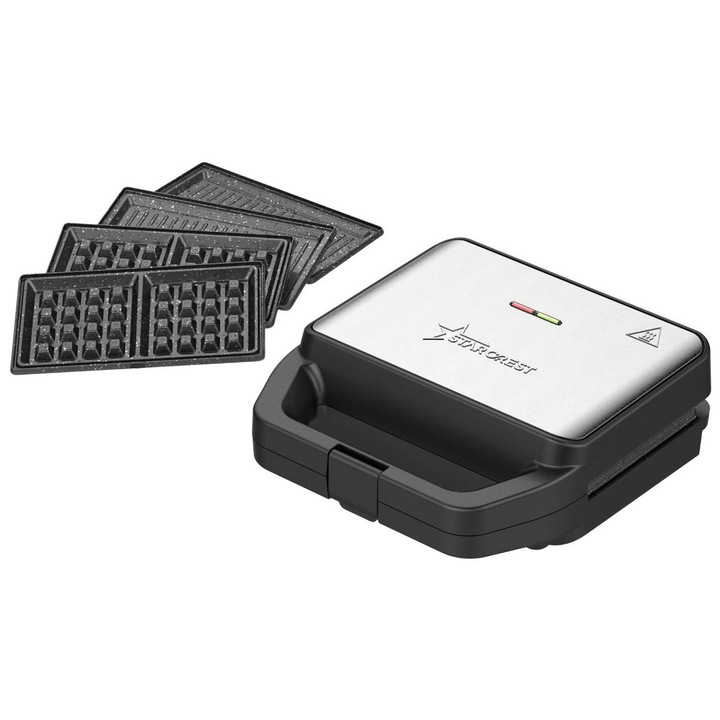 Sandwich maker STARCREST SSM-3180BX, 800 W, 3 tipuri de placi detasabile cu invelis ceramic: grill / sandwich triunghi / vafe, Dimensiune placi 21.6 x 12 cm, Negru/Inox