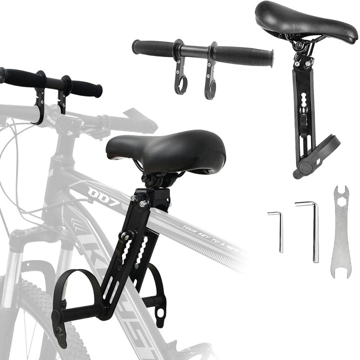 Scaun Copil pentru Bicicleta Montat pe Fata, cu ghidon auxiliar si suport pentru picioare, pentru copii 2~5 ani, Aliaj de aluminiu, negru