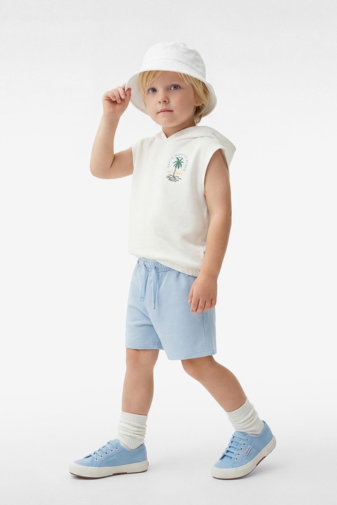 KOTON, Set de tricou fara maneci cu gluga si pantaloni scurti - 2 piese, Alb/Albastru pastel