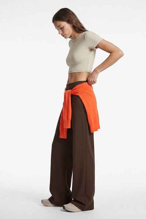 KOTON, Pantaloni cu croiala ampla si talie inalta, Maro inchis