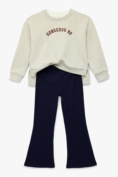 KOTON, Set de bluza de trening cu imprimeu si colanti cu croiala evazata, Negru/Gri deschis melange