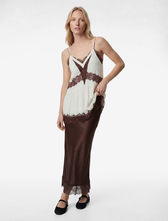 KOTON, Fusta midi de satin cu dantela, Maro inchis