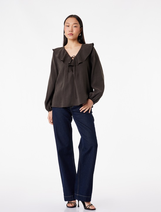 KOTON, Bluza din amestec de lyocell cu snururi frontale, Maro inchis