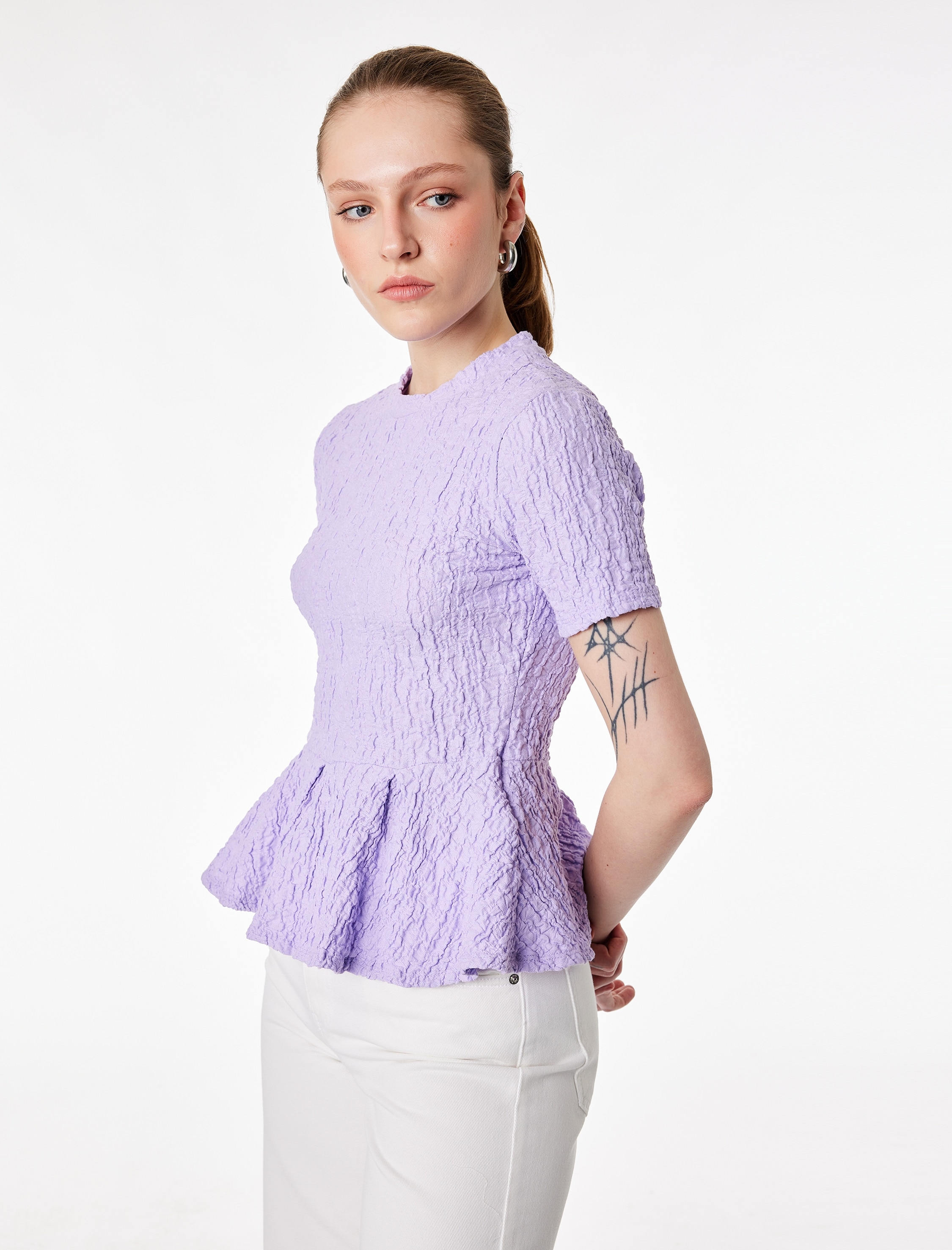 KOTON, Bluza texturata cu terminatie peplum, Lila, 2XL - eMAG.ro