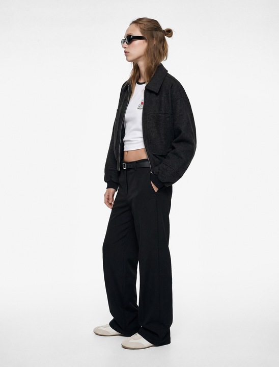 KOTON, Pantaloni cu croiala ampla si curea in talie, Negru