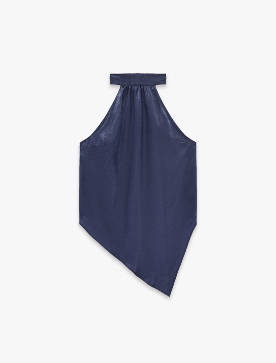 KOTON, Top asimetric cu decolteu halter, Albastru indigo