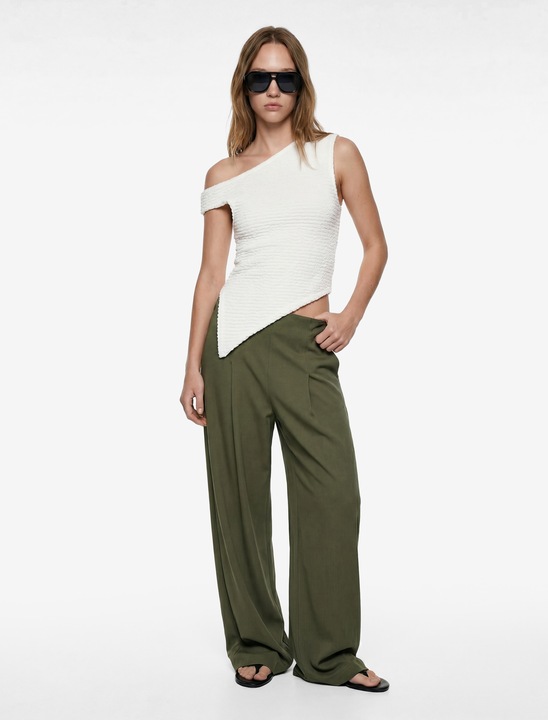 KOTON, Pantaloni cu croiala ampla si talie inalta, Kaki inchis