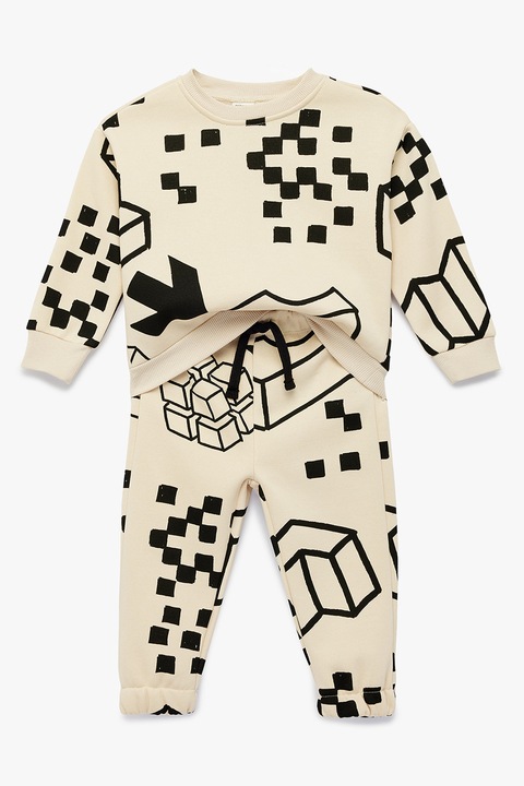 KOTON, Set de bluza de trening din amestec de bumbac cu imprimeu si pantaloni cu snur-2 piese, Negru/Bej