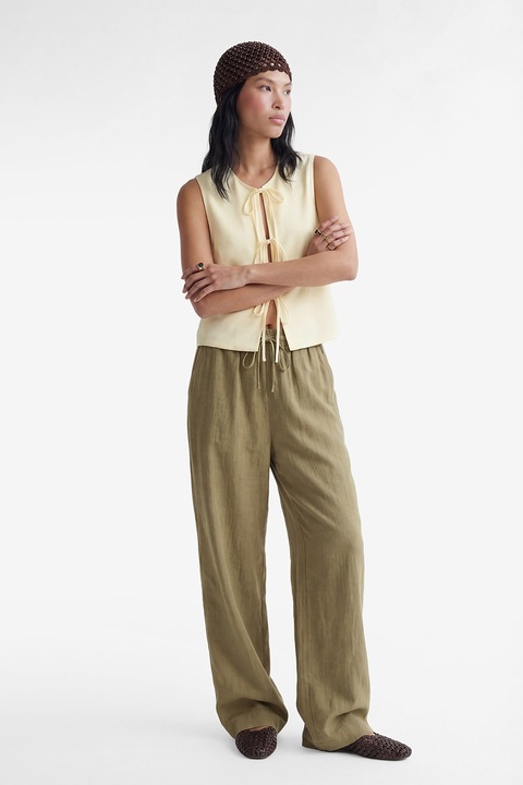 KOTON, Pantaloni din amestec de in cu snur si croiala ampla, Verde masliniu