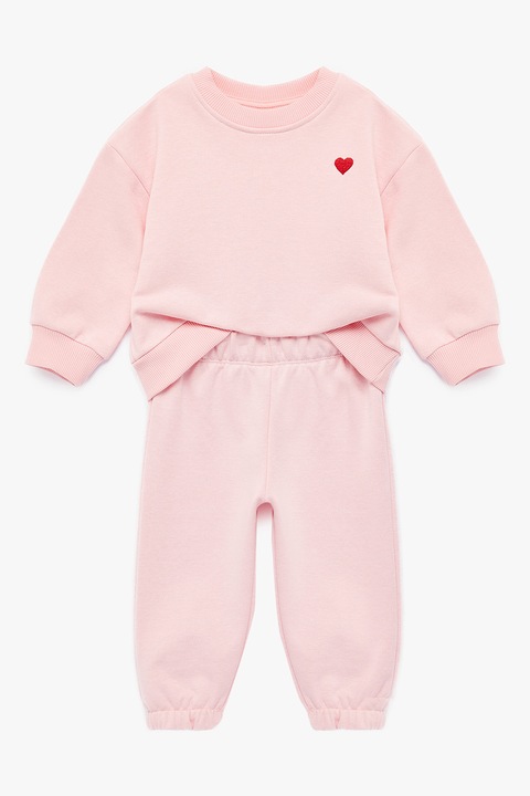 KOTON, Set de bluza de trening din amestec de bumbac si maneci drop si pantaloni - 2 piese, Roz pastel