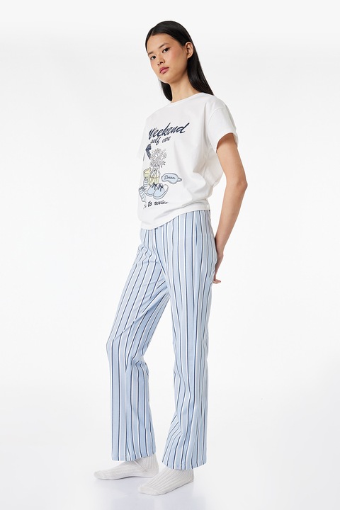 KOTON, Pijama de bumbac cu dungi si imprimeu grafic, Albastru pastel/Alb murdar
