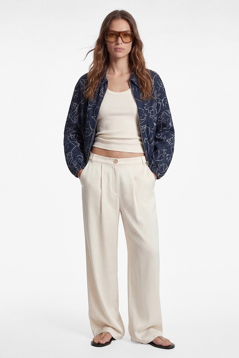 KOTON, Jacheta bomber cu model floral si guler clasic, Albastru inchis/Alb optic