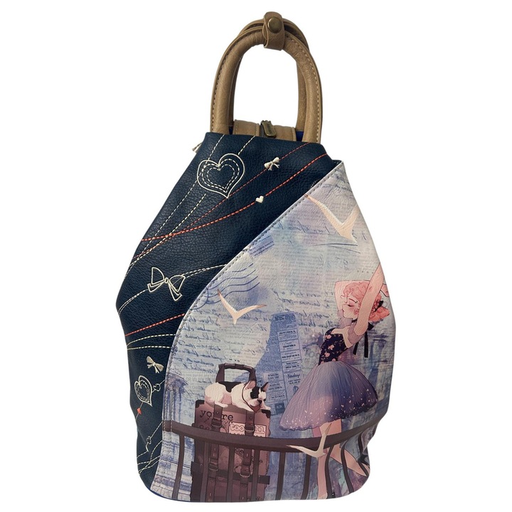 Rucsac papusi sintetic antifurt Sweet Candy pentru femei cu buzunare exterioare curele cu fermoar, Albastru