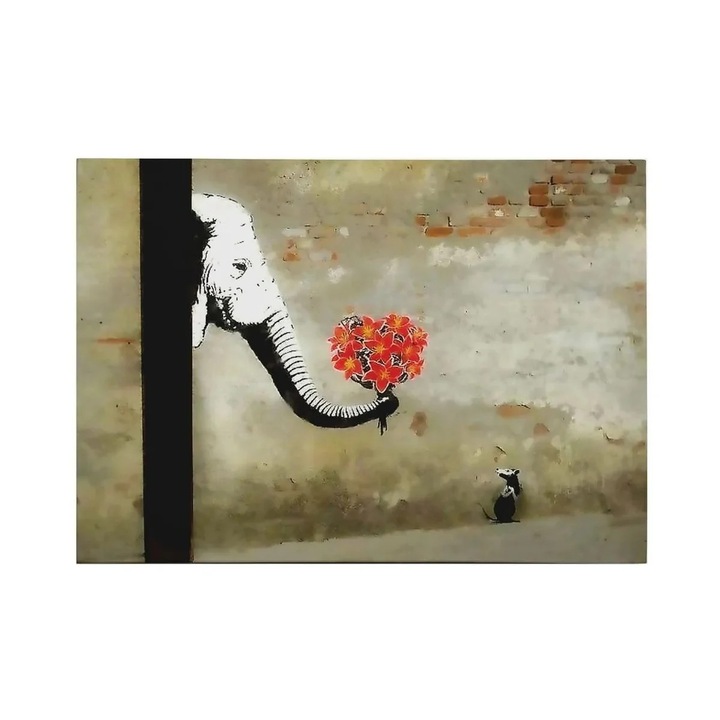 Tablou decorativ Re-Bloom, model elefant cu un buchet de flori, panza/lemn, multicolor, 50 x 70 cm