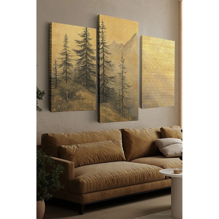Комплект декоративни картини Re-Bloom, 3 части, модел гора, платно/дърво, черно/златисто, 40 x 60 x 3 см