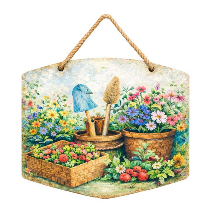 Placuta decorativa Unelte in gradina, semn decorativ, PVC, print 2D rezistent UV, cu sfoara pentru prindere
