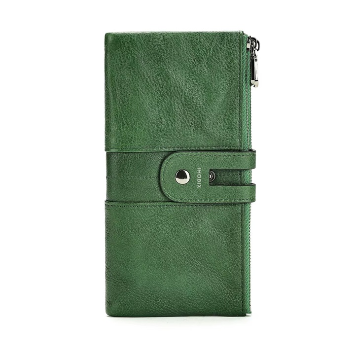 Portofel Dama Din Piele Naturala, IMODIX®, Model Elegant Retro, Protectie RFID, Compartimentare Inteligenta, Inchidere Cu Capsa Si Fermoar, Spatii Multiple Carduri, Buzunar Monede, 19x2x10 cm, Model 8560, Verde