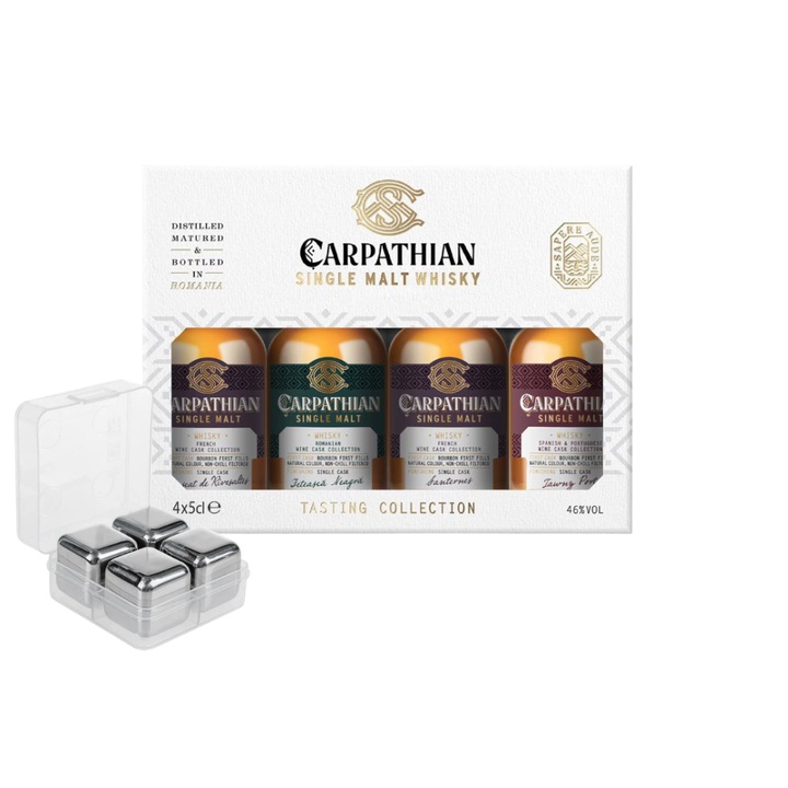 Set Cadou Miniaturi Carpathian Single Malt – 4x50ml Whisky Premium si Cuburi Gheata Inox