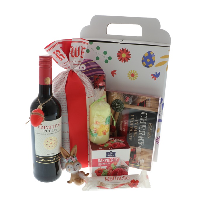 Pachet cadou Paste Red Easter – cos cadou premium cu vin rosu, cozonac si dulciuri