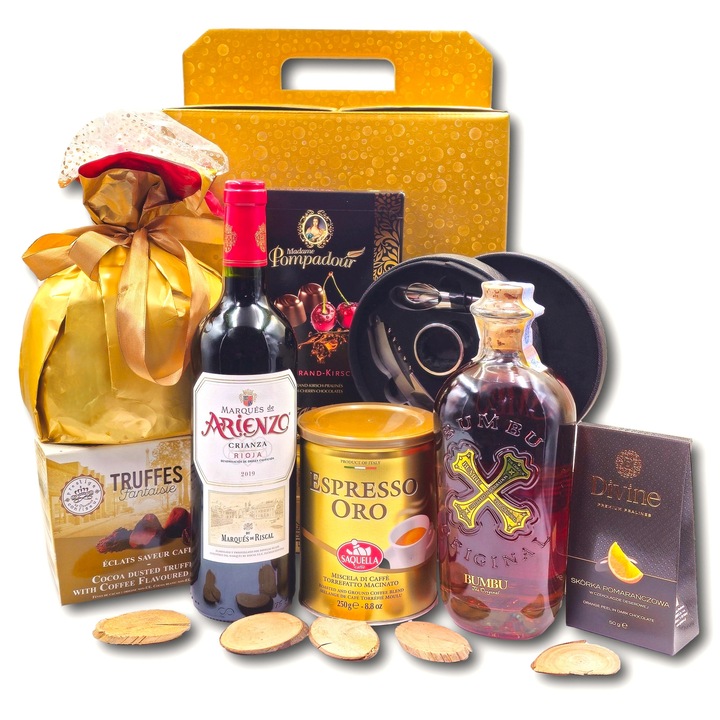 Pachet cadou premium, model Signature Luxury, cu doua bauturi legendare, cafea italiana, specialitati dulci, accesorii sofisticate si o prezenta ce imprezioneaza inca din prima clipa - by CADOURI PREMIUM®