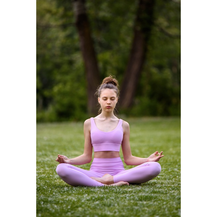 Set echipament sportiv, har, colanți și bustieră, înălțime glezna, lila, mărime XS