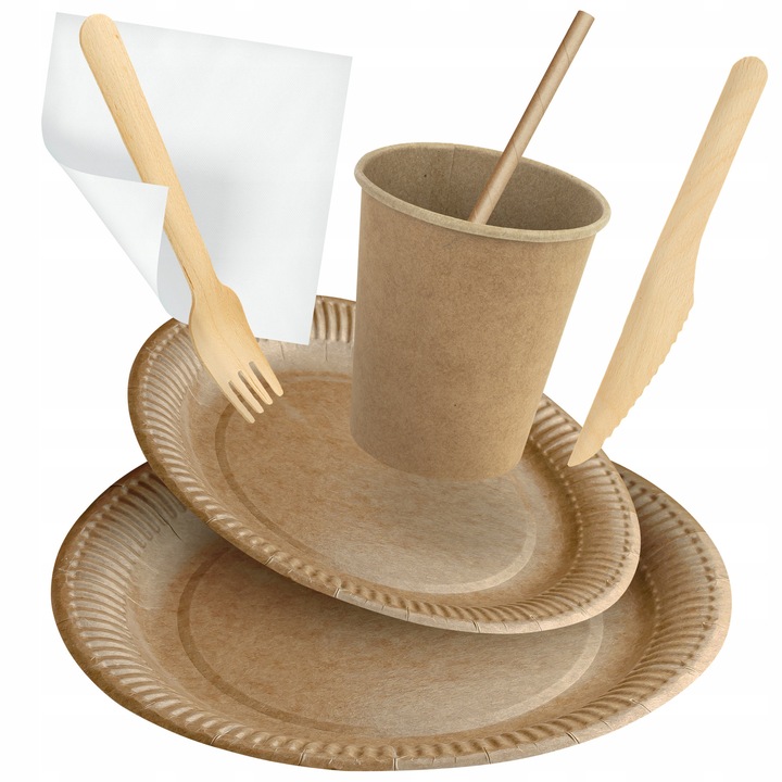 Set Vesela de Unica Folosinta Allbag KRAFT pentru 50 Persoane, Farfurii, Pahare, Tacamuri, Paie si 500 Servetele