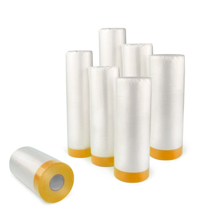 Folie de mascare SPEEDY MASK 180 cm x 33 m, anti-stropire, cu banda adeziva, set 6 bucati, protectie profesionala pentru vopsit