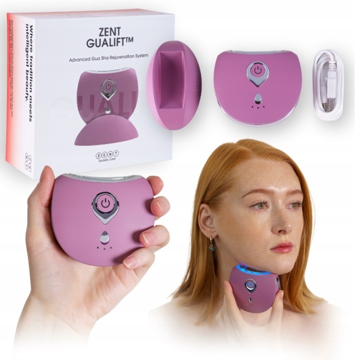 Aparat de masaj facial si cervical ZENT® GuaLift™ Dual-Wave Rejuvenation™, EMS + RF + terapie LED, efect lifting, anti-rid, imbunatatire fermitate si elasticitate, incalzire si racire, ionoforeza, design Gua Sha, portabil, Rosu