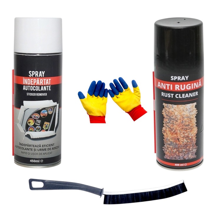 Spray tehnic anti rugina, 400 ml cu Spray pentru indepartare/curatare etichete vechi/autocolante adezive, 450 ml si Perie ingusta, 23 cm, pentru spatii mici/greu accesibile cu Set manusi protectie