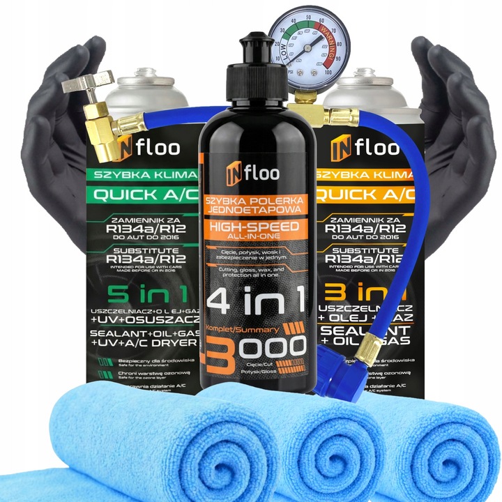Set duo clima, Infloo, R134a 5in1 + 3in1, Pasta polizari 4in1, furtun manometru, 3x Microfibra, auto pana in 2016, pachet complet reincarcare si luciu vopsea